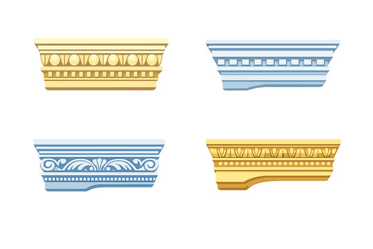 Four decorative architectural molding designs in yellow and blue colors. These classical cornice elements feature intricate patterns like egg-and-dart and floral motifs on a black background.