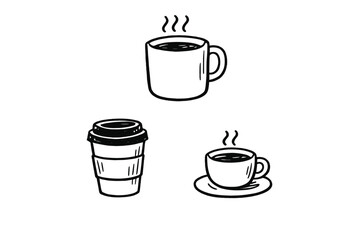 Obraz premium A black and white illustration featuring three different types of coffee containers: a large mug, a disposable takeaway cup, and a small cup on a saucer with steam rising from the liquid.