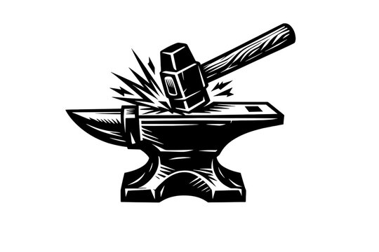 A black and white graphic illustration of a heavy hammer striking a metal anvil with sparks flying from the impact point, set against a solid black background in a woodcut style.