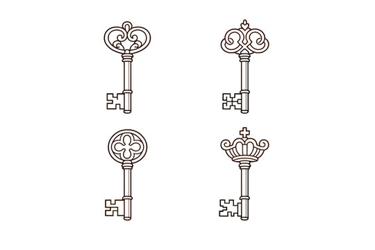 Four unique antique-style skeleton keys featuring ornate decorative bows and detailed bits are displayed as white line art illustrations against a stark black background.