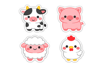 Obraz premium A set of four cute cartoon farm animal stickers featuring a cow, a pig, a sheep, and a chicken. Each animal has a kawaii style with rosy cheeks and a white border on a black background.