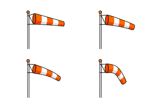 Four illustrations of an orange and white striped windsock on a silver pole against a black background, showing different wind speeds and directions through varying angles.