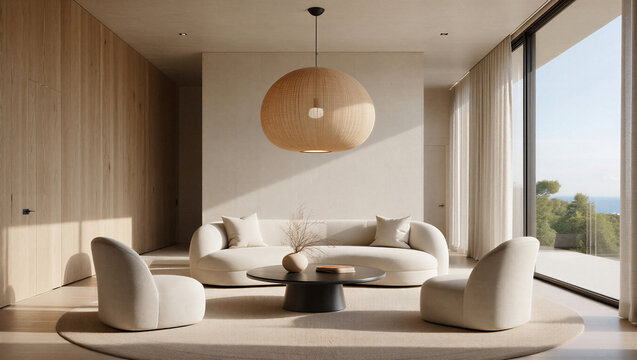 Modern living room with beige furniture and large windows