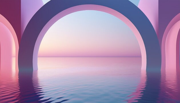 3d render abstract zen seascape background nordic surreal scenery with mirror arch calm water and pastel gradient sky futuristic minimalist generative ai