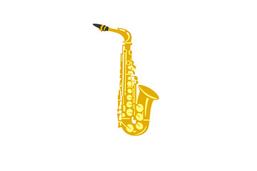 Naklejka premium A golden saxophone illustration is centered against a solid black background. The musical instrument features detailed keys and a curved bell in a bright yellow and gold color palette.