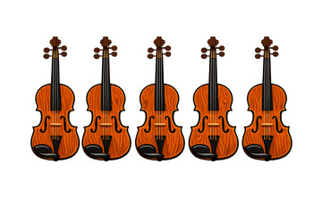Fototapeta premium Five identical wooden violins are arranged in a horizontal row against a solid black background. Each instrument features detailed wood grain patterns and classic design elements.