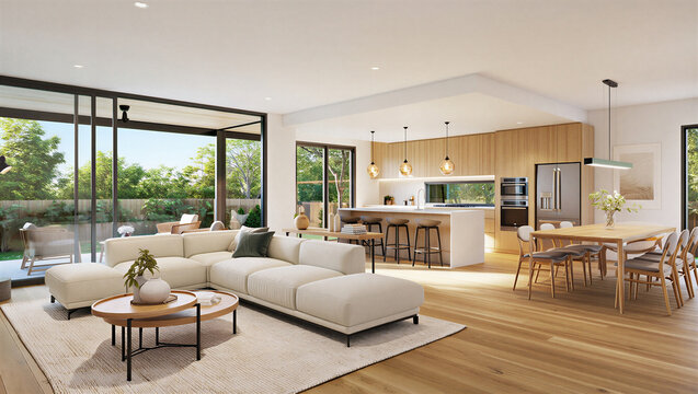 Modern living room and kitchen interior with natural light and wood floors in a new home