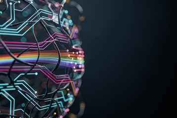 Cybernetic brain displays digital network with vibrant colors against a dark background
