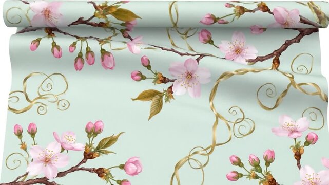 Floral pattern of pink cherry blossoms, buds, leaves, and golden swirls on a seafoam green background