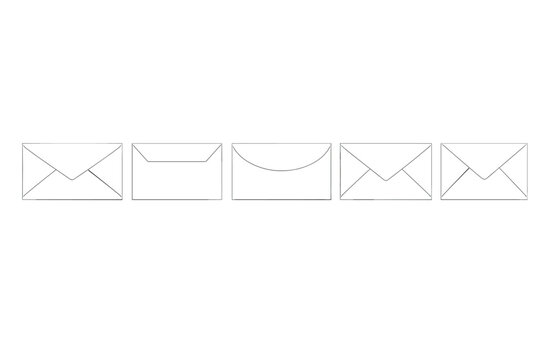 A row of five white envelope icons with different flap designs is displayed against a solid black background. The minimalist illustration shows various styles of mail and correspondence.
