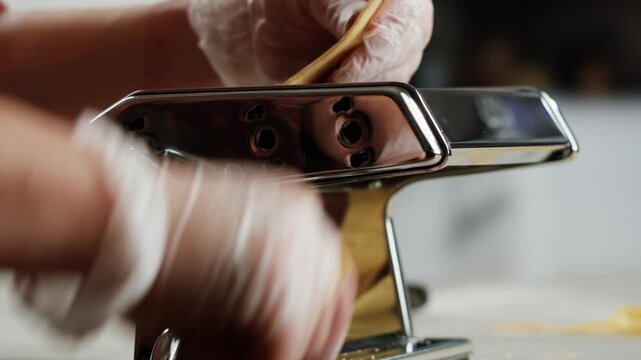 Woman using pasta machine to make fresh pasta dough in the kitchen, cooking in italian restaurant, making noodles.