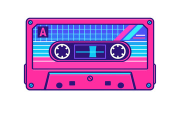 Obraz premium This retro cassette tape illustration features a vibrant neon pink and blue color palette with a synthwave aesthetic. It includes a grid pattern and geometric design elements.