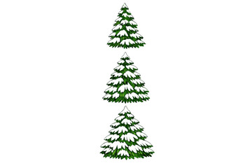 Fototapeta premium A vertical arrangement of three green evergreen trees heavily laden with white snow on a plain black background. This graphic illustration captures a cold winter atmosphere.