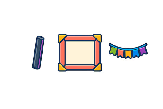 A collection of three colorful cartoon icons featuring a dark blue cylinder, a square frame with red borders and yellow corners, and a multi-colored bunting banner on a black background.