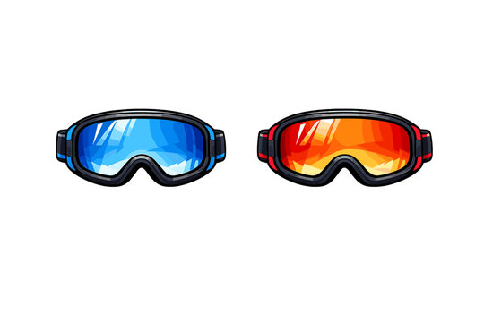 Two pairs of winter sports goggles with reflective lenses are shown against a solid black background. One pair is blue and the other is red with orange tinted lenses.