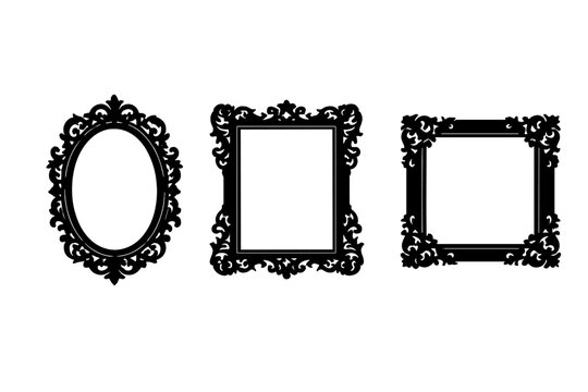 A collection of three black decorative frame silhouettes featuring oval, rectangular, and square designs with intricate scrollwork borders set against a plain white background.