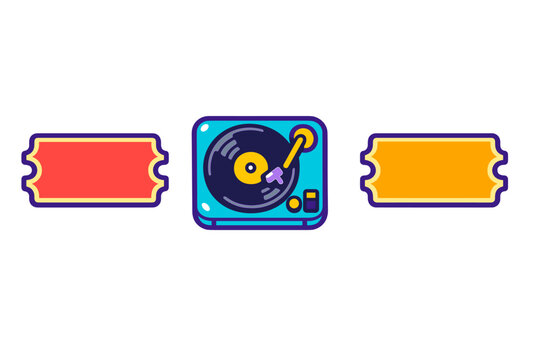 A vibrant vector illustration featuring a blue record player with a black vinyl disc in the center, flanked by a red ticket on the left and an orange ticket on the right against a black background.