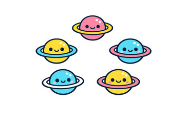 Fototapeta premium Five cute cartoon planets with rings and smiling faces are arranged in a circular pattern against a solid black background. The planets are colored pink, yellow, and blue.