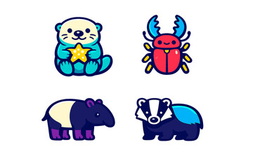 Fototapeta premium Four vibrant vector illustrations of animals featuring a blue otter holding a starfish, a red stag beetle, a purple tapir, and a blue badger set against a dark background.