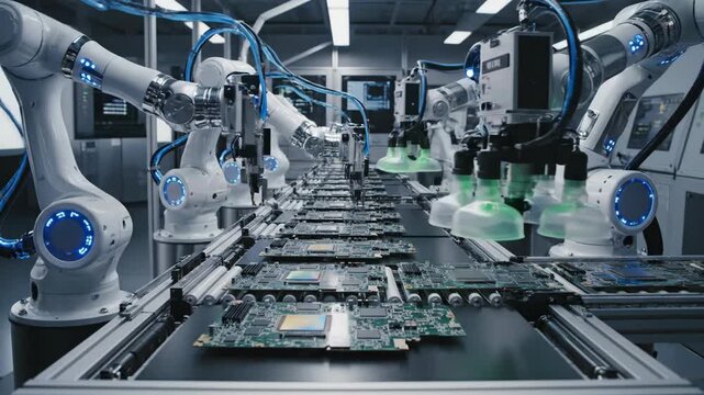 Robotic arms assembling circuit boards on modern factory production line