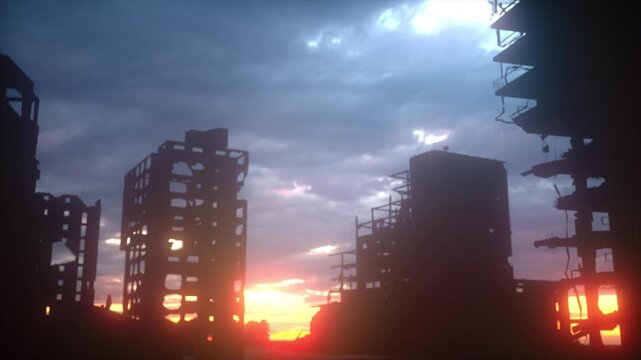 Destroyed Urban Skyline at Dramatic Sunset With Dark Clouds