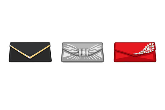 A collection of three stylish evening clutch purses in black, silver, and red. The bags are decorated with gold accents, rhinestones, and pearls, set against a solid black background.