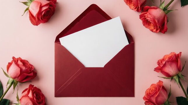 Red envelope with blank card and pink roses on soft background