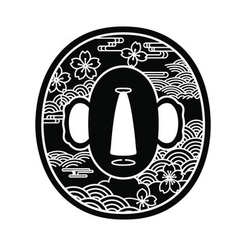 Traditional Japanese Katana Tsuba sword guard illustration featuring intricate cherry blossom sakura and wave patterns in a circular black and white silhouette design for samurai culture.