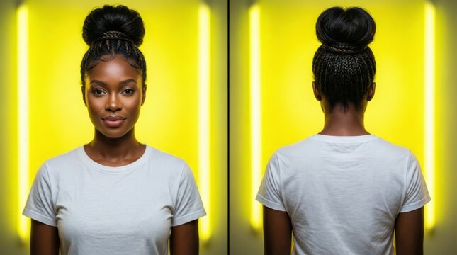 Woman with braided high bun hairstyle in front and back views