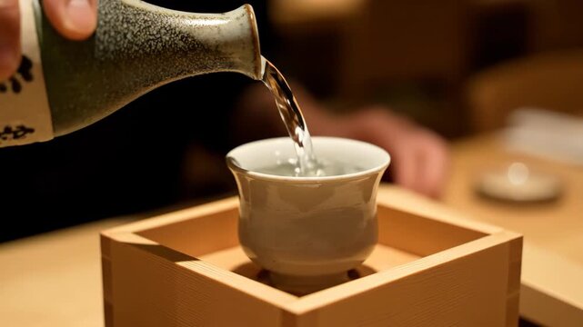 Sake Being Poured Into a Ceramic Cup From a Traditional Japanese Sake Jug.