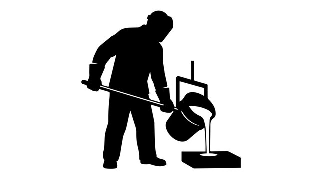 Foundry worker pouring molten metal. Industrial manufacturing and metallurgy icon. Vector silhouette