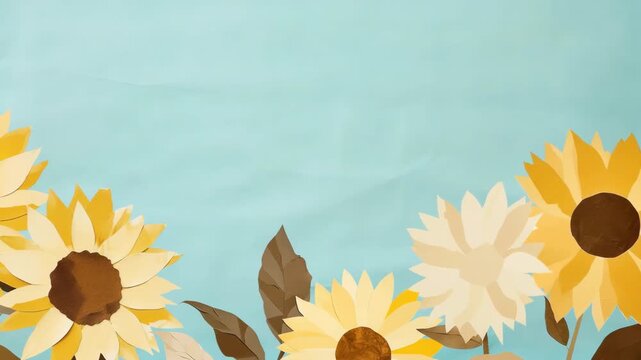 Aerial view of paper-cut sunflowers against a pastel blue background, creating a whimsical, handmade style perfect for a cheerful video backdrop. Live desktop wallpaper.