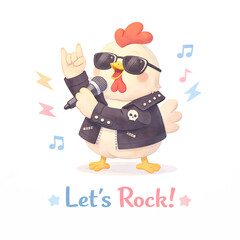 Fototapeta premium Cool cartoon rooster singer in leather jacket with microphone, sunglasses and musical notes, cheerful energetic performance