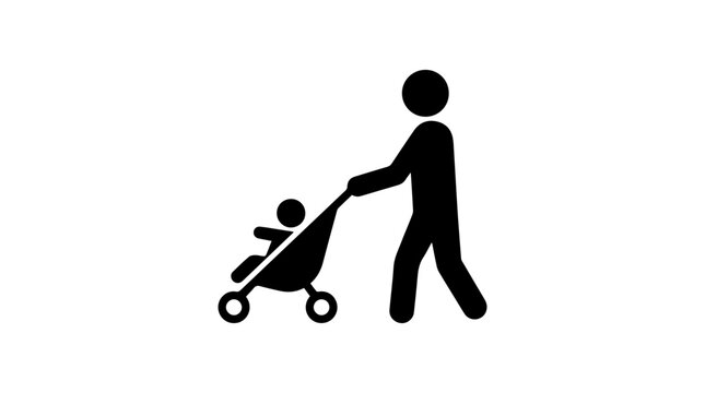 Person pushing baby stroller silhouette. Parent walking with infant in pram icon. Flat vector illustration isolated on white background