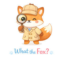 Naklejka premium Cute detective fox with magnifying glass and trench coat winking playfully, cheerful illustration for children