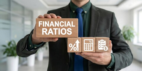 Business man holding wooden blocks sees text: FINANCIAL RATIOS. Financial Ratio Analysis Business Investment concept. Ratios financial profit and marketing liquidity taking into account solvency. new