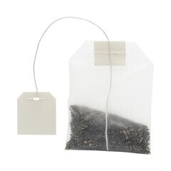 Unused white tea bag with string and blank label, containing loose leaf tea, isolated PNG with Transparent Background