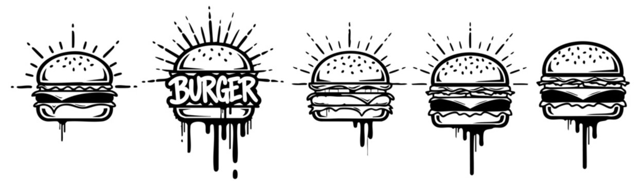 Professional collection of hand drawn burger logo icons with vintage sunburst rays and urban drips
