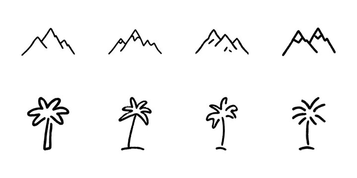 Mountain And Palm Tree Line Icon Set In Doodle Style. Nature And Travel Symbol Outline Sketch Collection. Adventure And Tropical Vacation Theme. Hand Drawn Isolated Vector Illustration