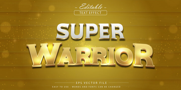 Super Warrior: Bold Gold 3 D Text Effect on Wooden Background with Sparkles and Glow