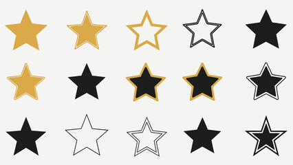Fototapeta premium Collection of gold, black, and white star shapes in various styles and colors for rating or decoration
