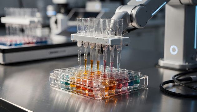 Robotic Arm Precisely Dispensing Colorful Liquids into Multiwell Plate for Pharmaceutical and Biomedical Research in Advanced Laboratory Setting for Scientific Innovation