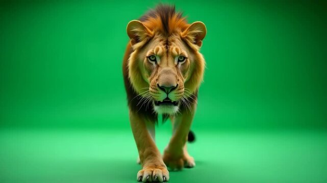 Video Close-up view of a lion's face on a green background, suitable for wildlife or nature-themed designs