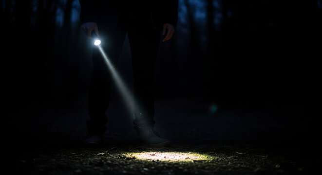 Navigating through the unknown a person's flashlight beam pierces the deep night, illuminating their path ahead