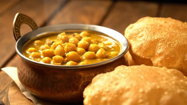 Traditional Indian Chana Masala with Puri Bread on Wooden Table.
