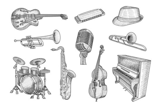 Hand drawn vintage engraving set of jazz music instruments including guitar, trumpet, saxophone, piano, drums, double bass, harmonica and retro microphone.