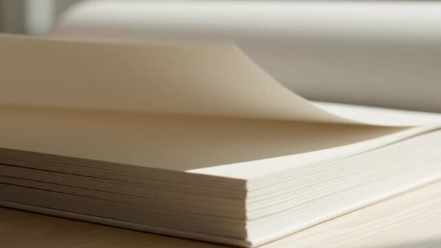 A close up shot of blank white pages being flipped in a notebook. Perfect for concepts of storytelling, education, new beginnings, planning, and creative writing in a bright setting.