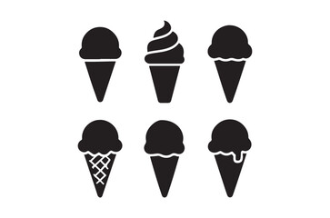 A collection of six black silhouette ice cream cones showcasing various scoop shapes and styles