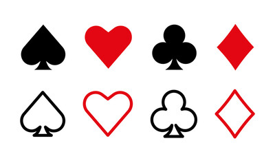 Playing card suits set including spades hearts diamonds and clubs in solid and outline styles black and red icons for gambling casino poker games graphic design elements isolated on white backdrop