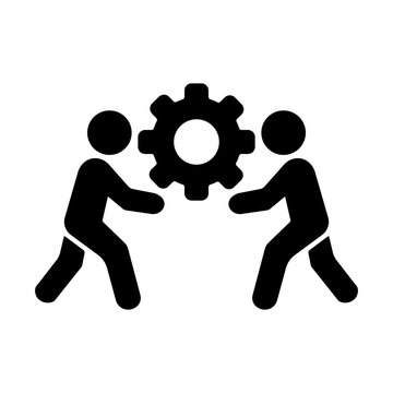 Teamwork collaboration stick figure icons moving a gear together black silhouette of two people working on mechanical project synergy partnership and industrial cooperation concept graphic symbol